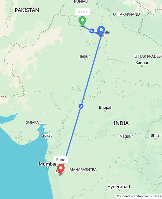 Route map showing distance and travel time from Hisar, India to Pune, India