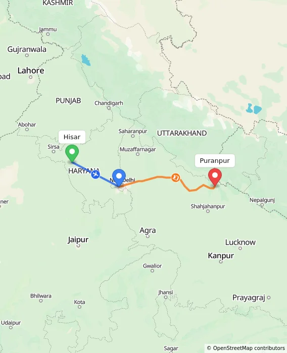 Route map showing distance and travel time from Hisar, India to Puranpur, India