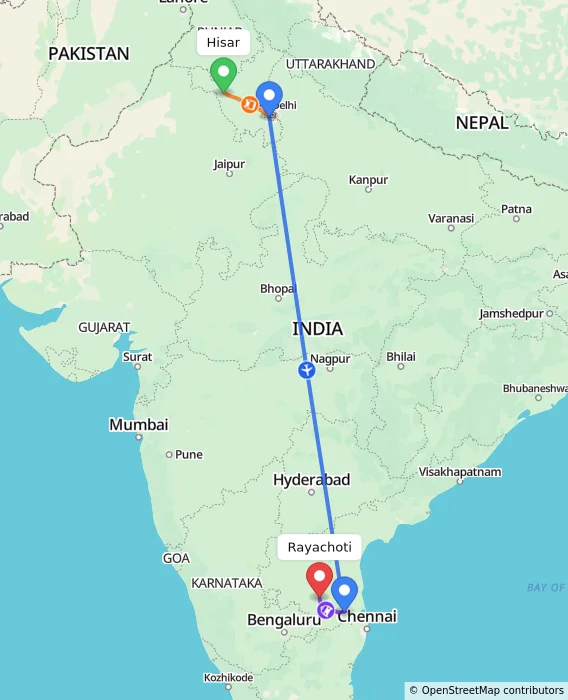 Route map showing distance and travel time from Hisar, India to Rayachoti, India
