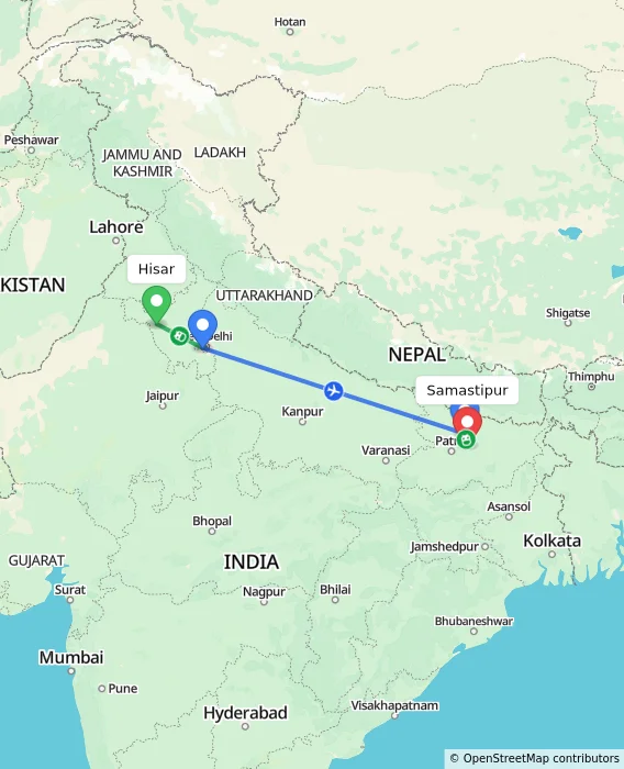 Route map showing distance and travel time from Hisar, India to Samastipur, India