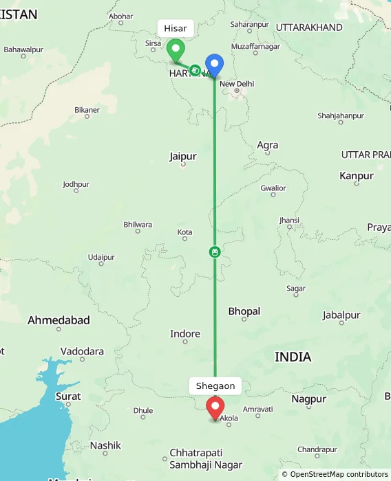 Route map showing distance and travel time from Hisar, India to Shegaon, India