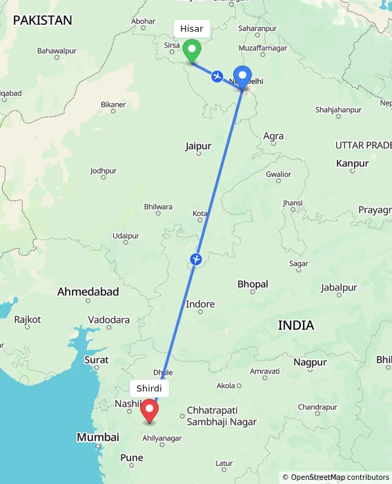 Route map showing distance and travel time from Hisar, India to Shirdi, India