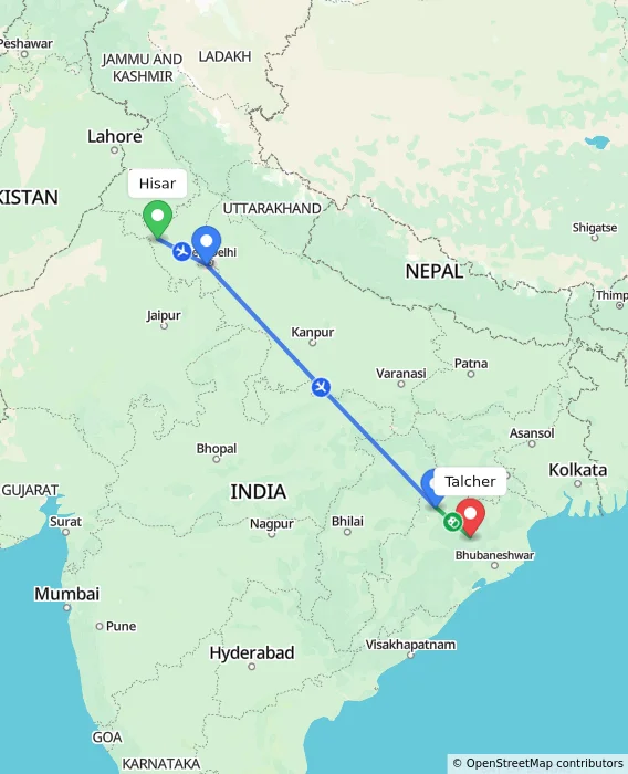 Route map showing distance and travel time from Hisar, India to Talcher, India