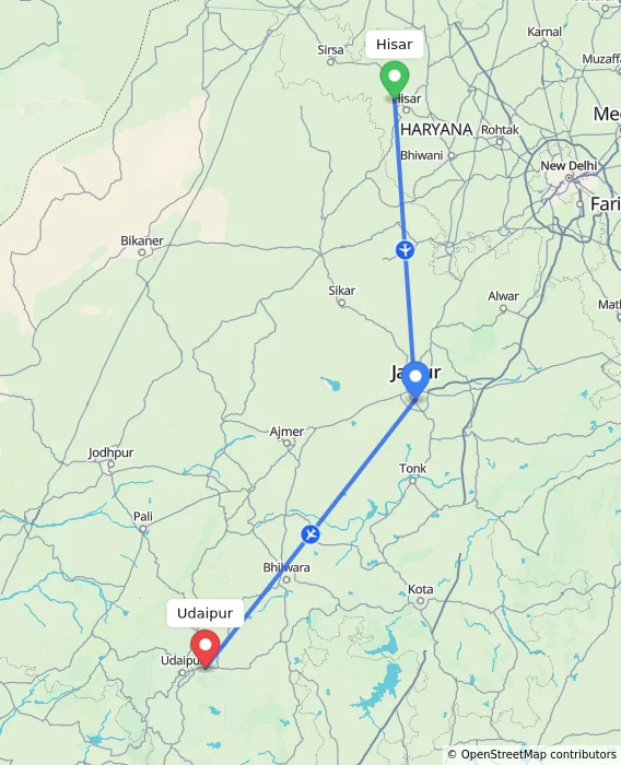 Route map showing distance and travel time from Hisar, India to Udaipur, India