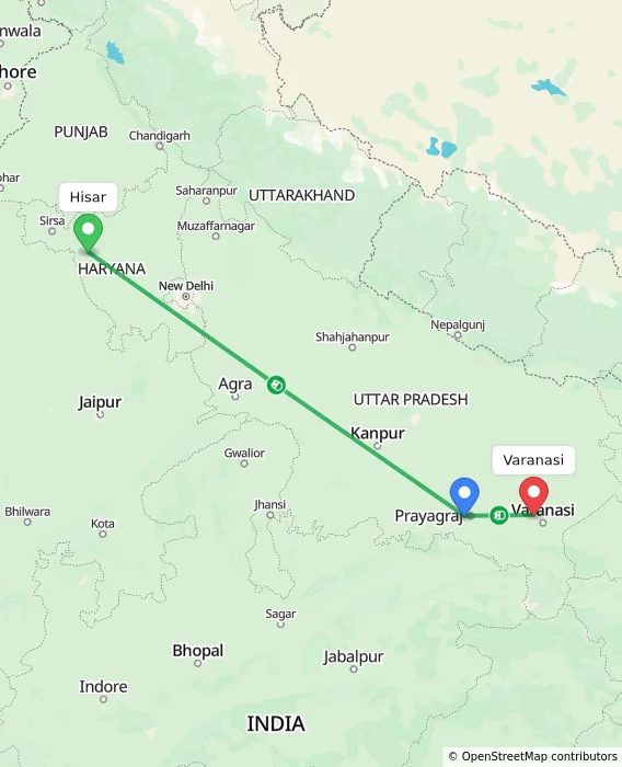 Route map showing distance and travel time from Hisar, India to Varanasi, India