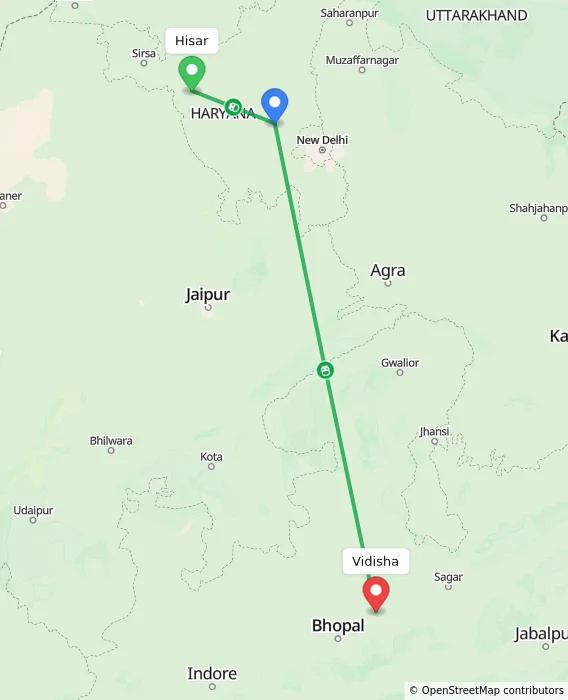 Route map showing distance and travel time from Hisar, India to Vidisha, India