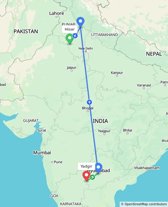 Route map showing distance and travel time from Hisar, India to Yadgir, India