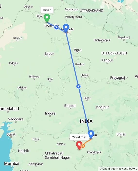 Route map showing distance and travel time from Hisar, India to Yavatmal, India
