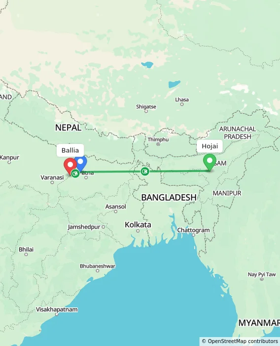 Route map showing distance and travel time from Hojai, India to Ballia, India