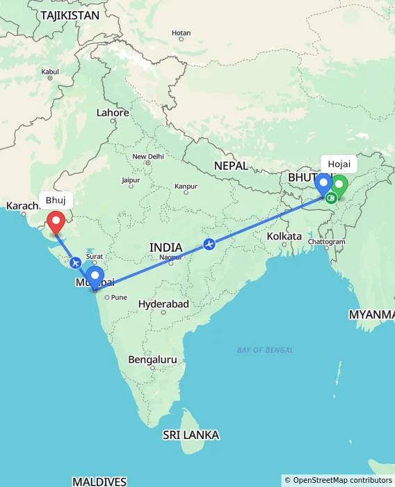 Route map showing distance and travel time from Hojai, India to Bhuj, India