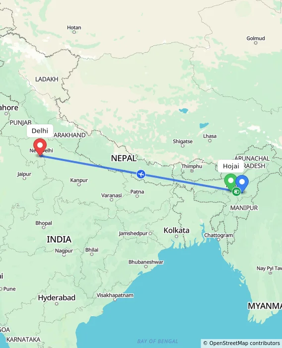 Route map showing distance and travel time from Hojai, India to Delhi, India