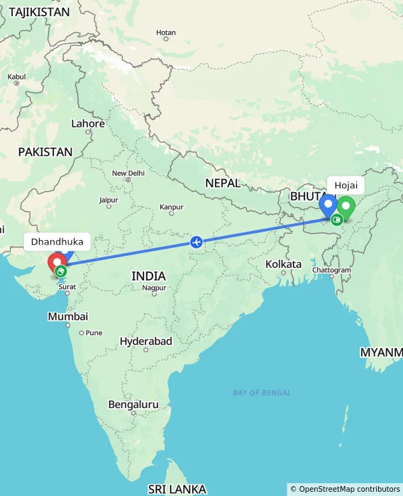 Route map showing distance and travel time from Hojai, India to Dhandhuka, India