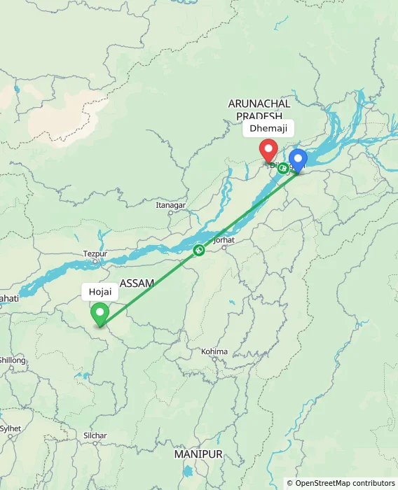 Route map showing distance and travel time from Hojai, India to Dhemaji, India