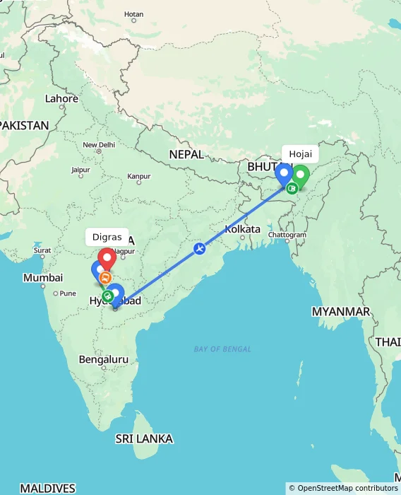 Route map showing distance and travel time from Hojai, India to Digras, India