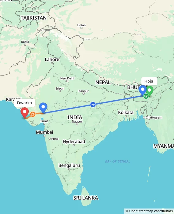 Route map showing distance and travel time from Hojai, India to Dwarka, India