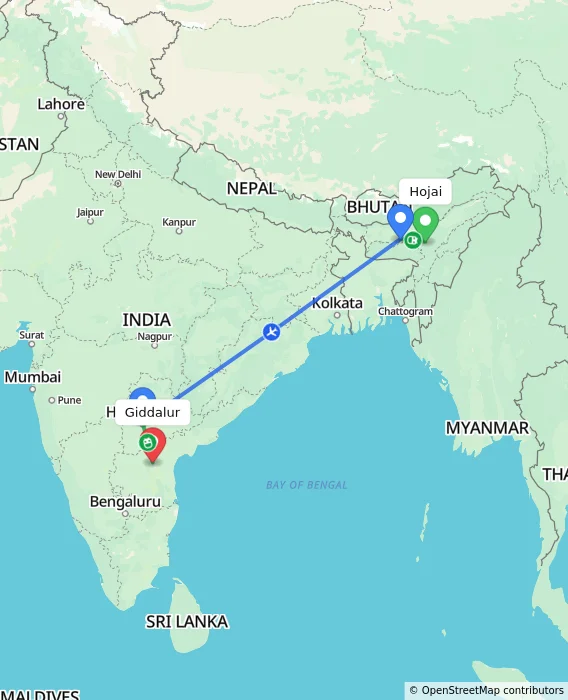 Route map showing distance and travel time from Hojai, India to Giddalur, India