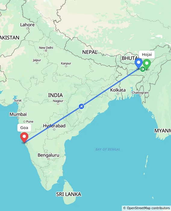 Route map showing distance and travel time from Hojai, India to Goa, India