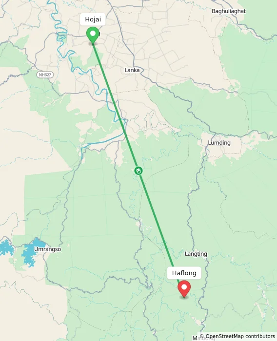 Route map showing distance and travel time from Hojai, India to Haflong, India