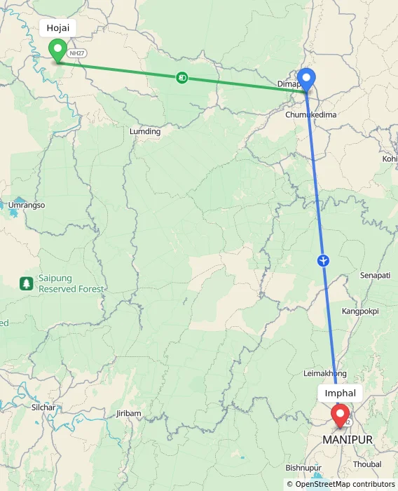 Route map showing distance and travel time from Hojai, India to Imphal, India