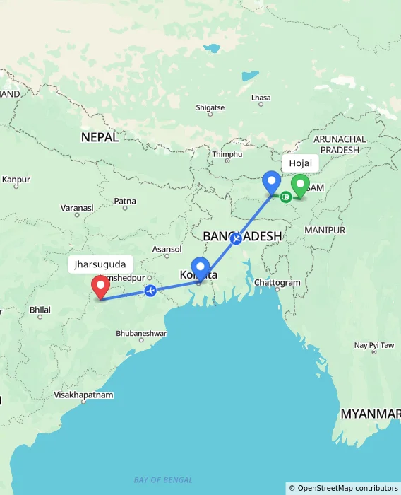 Route map showing distance and travel time from Hojai, India to Jharsuguda, India
