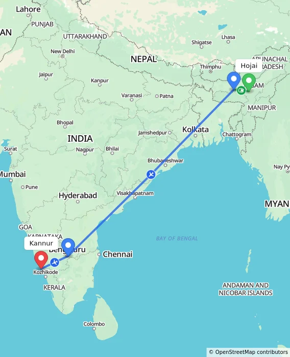 Route map showing distance and travel time from Hojai, India to Kannur, India
