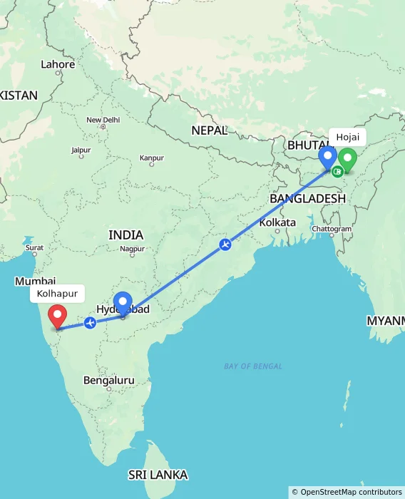 Route map showing distance and travel time from Hojai, India to Kolhapur, India