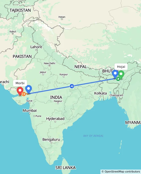 Route map showing distance and travel time from Hojai, India to Morbi, India