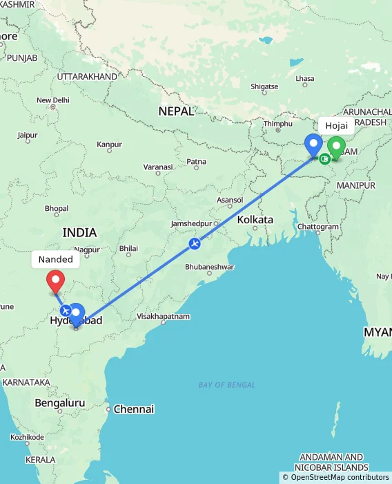Route map showing distance and travel time from Hojai, India to Nanded, India