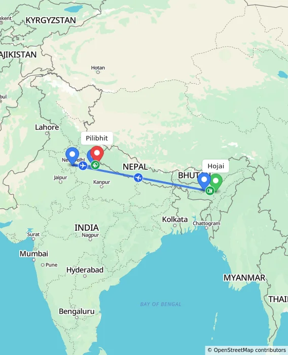 Route map showing distance and travel time from Hojai, India to Pilibhit, India
