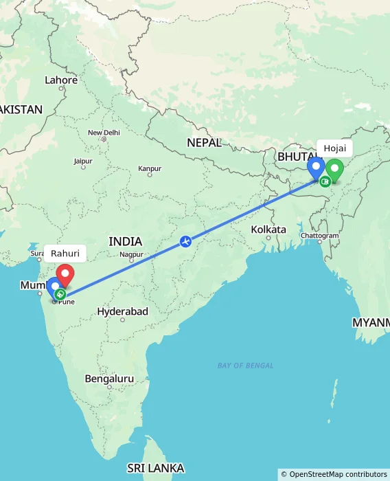 Route map showing distance and travel time from Hojai, India to Rahuri, India