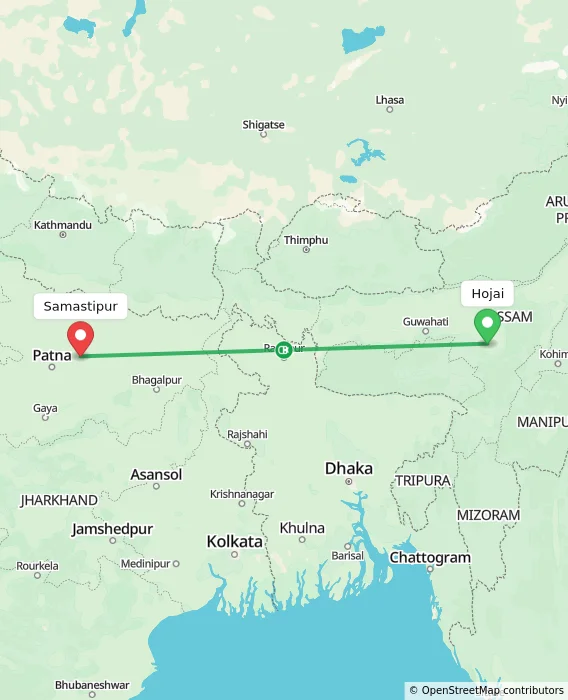 Route map showing distance and travel time from Hojai, India to Samastipur, India