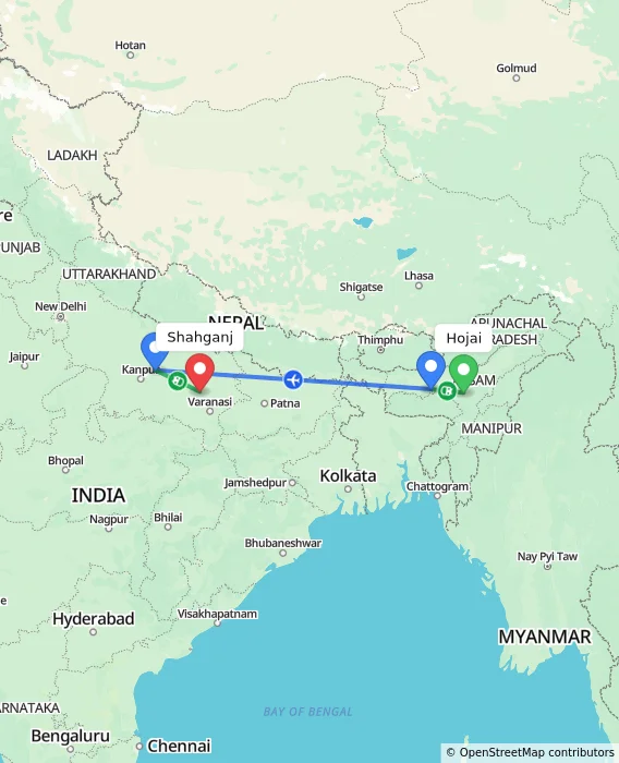 Route map showing distance and travel time from Hojai, India to Shahganj, India