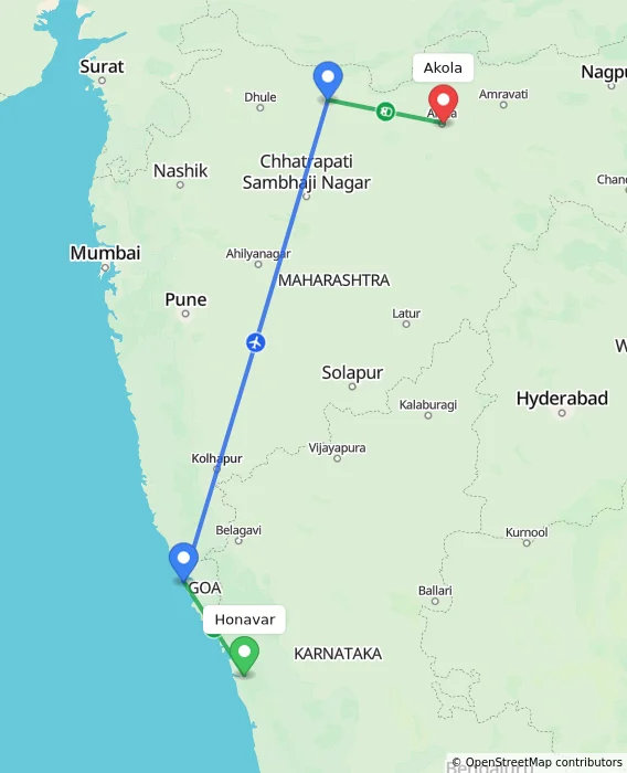 Route map showing distance and travel time from Honavar, India to Akola, India