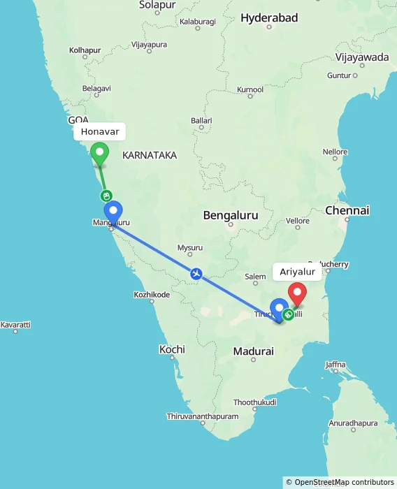 Route map showing distance and travel time from Honavar, India to Ariyalur, India