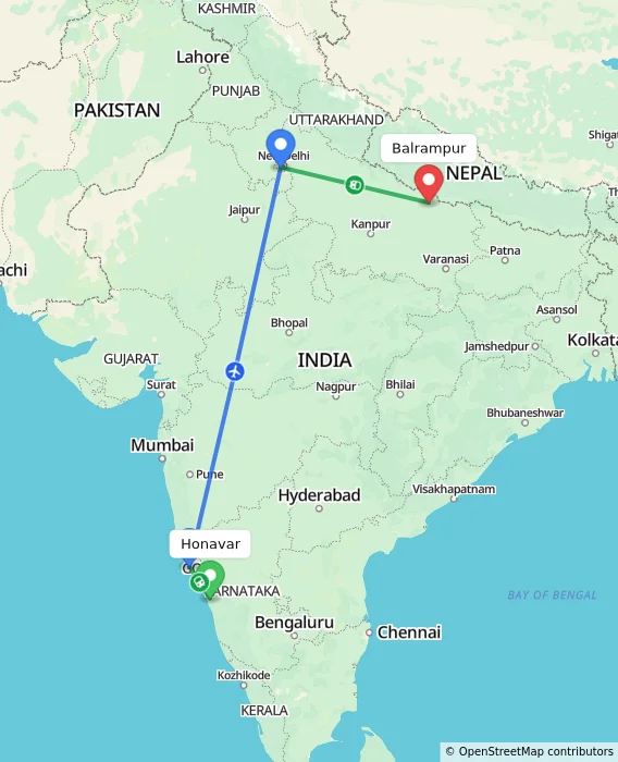 Route map showing distance and travel time from Honavar, India to Balrampur, India