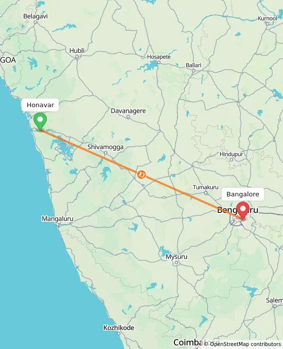 Route map showing distance and travel time from Honavar, India to Bangalore, India