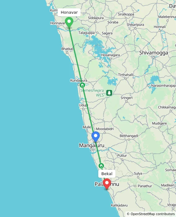 Route map showing distance and travel time from Honavar, India to Bekal, India