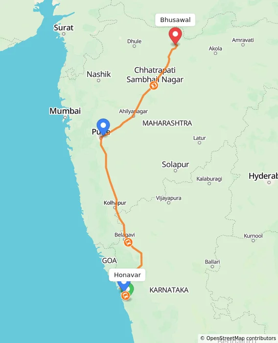 Route map showing distance and travel time from Honavar, India to Bhusawal, India