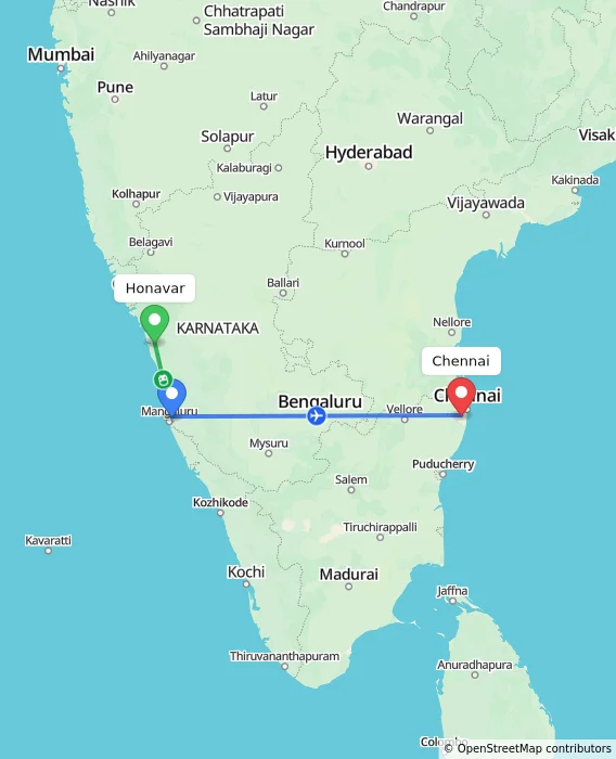 Route map showing distance and travel time from Honavar, India to Chennai, India
