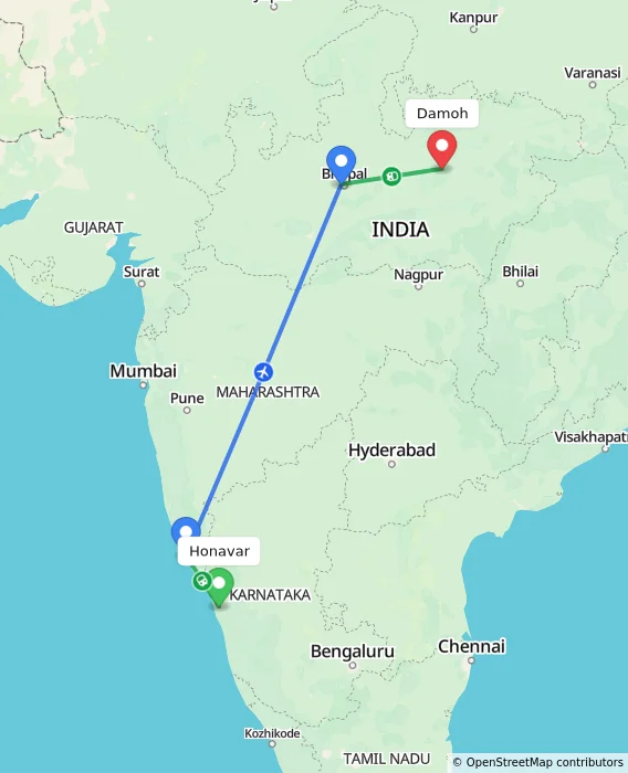 Route map showing distance and travel time from Honavar, India to Damoh, India