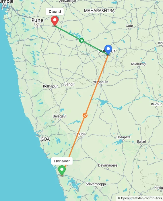 Route map showing distance and travel time from Honavar, India to Daund, India