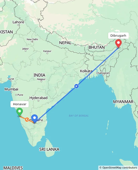 Route map showing distance and travel time from Honavar, India to Dibrugarh, India