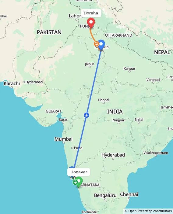 Route map showing distance and travel time from Honavar, India to Doraha, India
