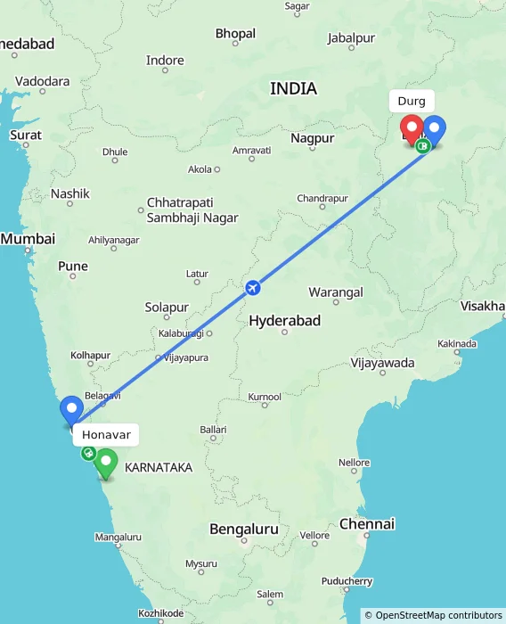 Route map showing distance and travel time from Honavar, India to Durg, India