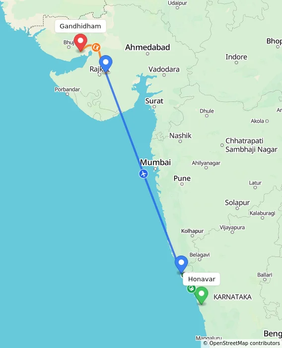 Route map showing distance and travel time from Honavar, India to Gandhidham, India
