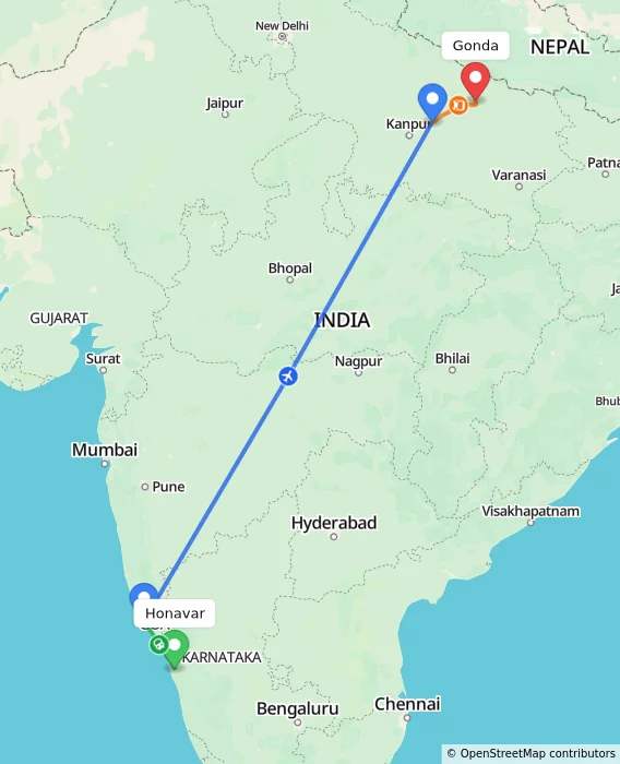 Route map showing distance and travel time from Honavar, India to Gonda, India