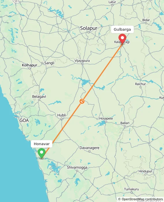 Route map showing distance and travel time from Honavar, India to Gulbarga, India