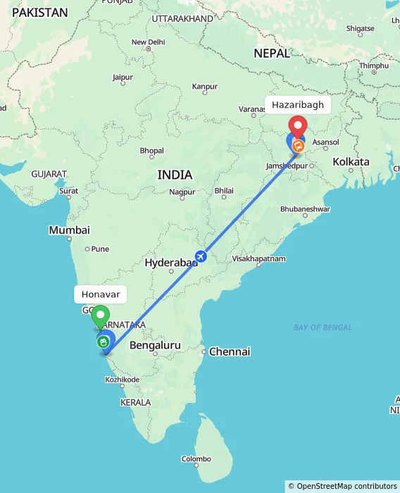 Route map showing distance and travel time from Honavar, India to Hazaribagh, India