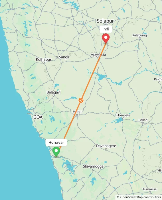 Route map showing distance and travel time from Honavar, India to Indi, India
