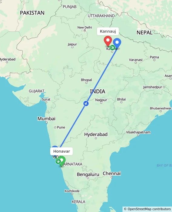 Route map showing distance and travel time from Honavar, India to Kannauj, India